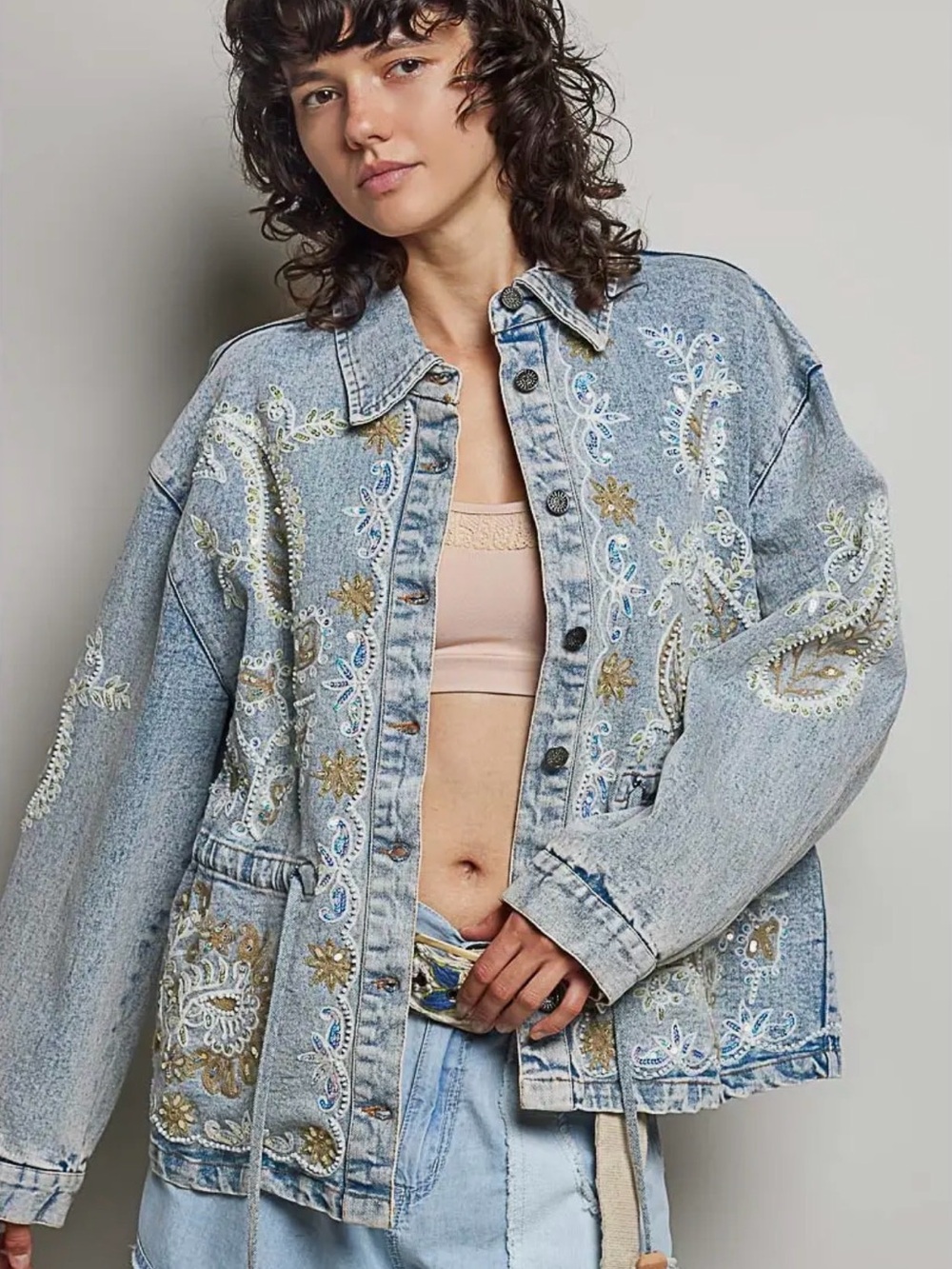 POL denim beaded sequin boho western tapestry patchwork paisley jean jacket coat
